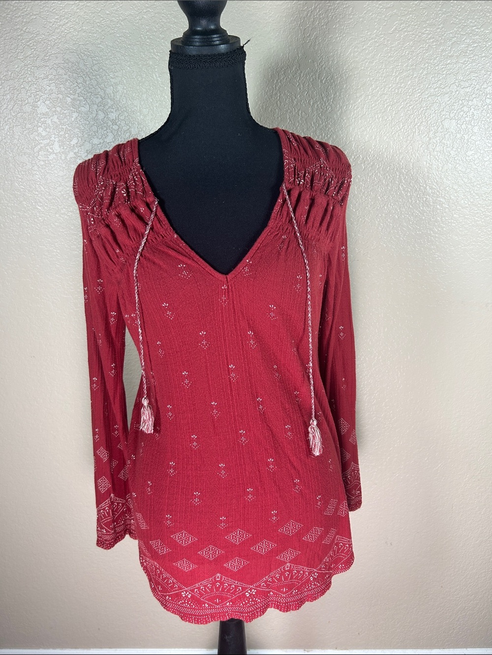 Lucky Brand Burgundy V-Neck Tie Front Boho Tunic Top